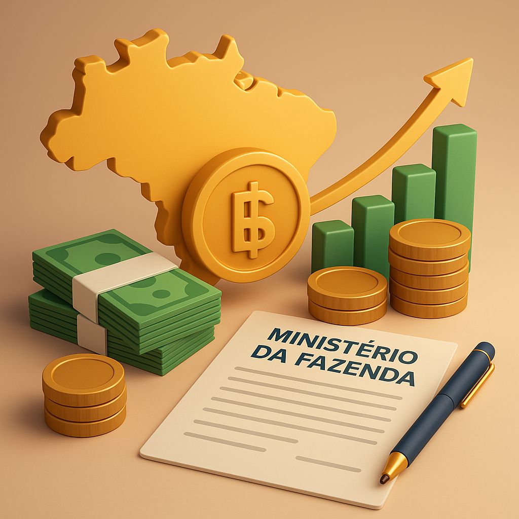 Imagem ilustrativa que remete ao Ministério da Fazenda, com elementos como o mapa do Brasil, dinheiro e contratos.