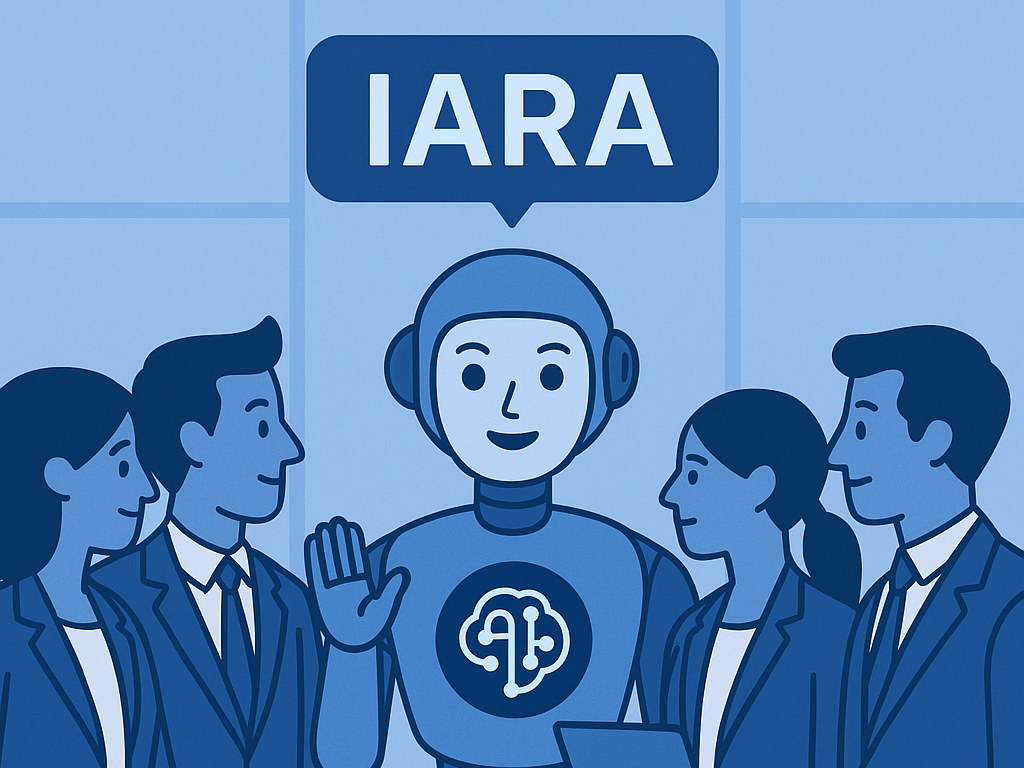 Ilustração de um robô e pessoas diversas em volta, representando a IARA (Inteligência Artificial em Recursos Administrativos) - Azul predominante